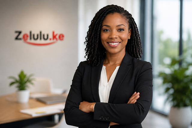 confident female manager leading a team meeting at Zelulu.ke.